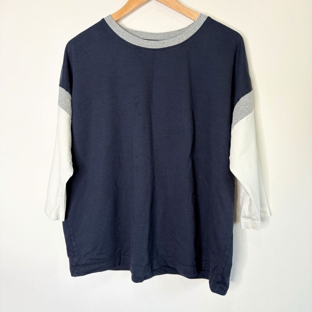J Jill Fit Top Color Block Crew Neck Navy Blue White Gray Women's M